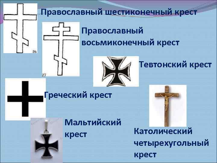 Православный шестиконечный крест Православный восьмиконечный крест Тевтонский крест Греческий крест Мальтийский крест Католический четырехугольный