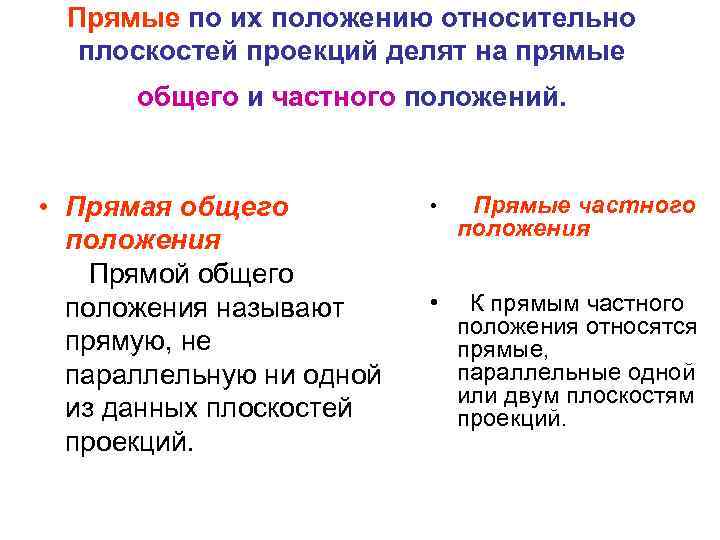 Прямые по их положению относительно плоскостей проекций делят на прямые общего и частного положений.