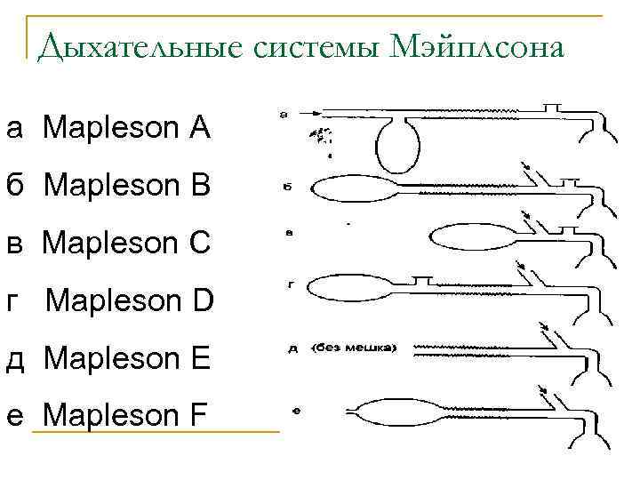 Дыхательные системы Мэйплсона а Mapleson А б Mapleson В в Mapleson С г Mapleson
