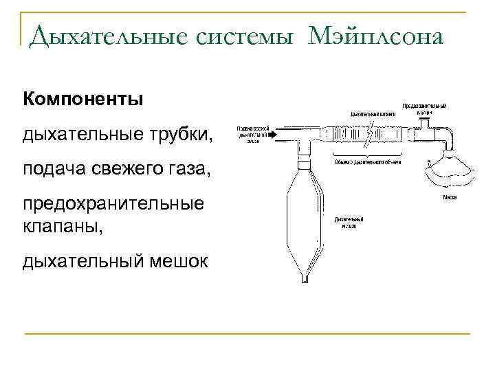 Дыхательные системы Мэйплсона Компоненты дыхательные трубки, подача свежего газа, предохранительные клапаны, дыхательный мешок 