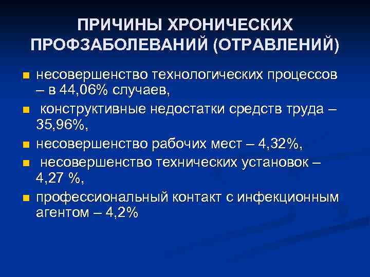 ПРИЧИНЫ ХРОНИЧЕСКИХ ПРОФЗАБОЛЕВАНИЙ (ОТРАВЛЕНИЙ) n n n несовершенство технологических процессов – в 44, 06%