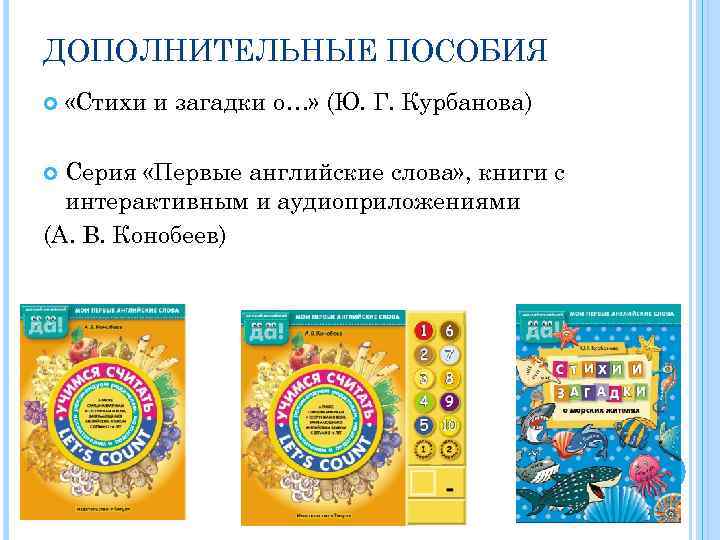 ДОПОЛНИТЕЛЬНЫЕ ПОСОБИЯ «Стихи и загадки о…» (Ю. Г. Курбанова) Серия «Первые английские слова» ,