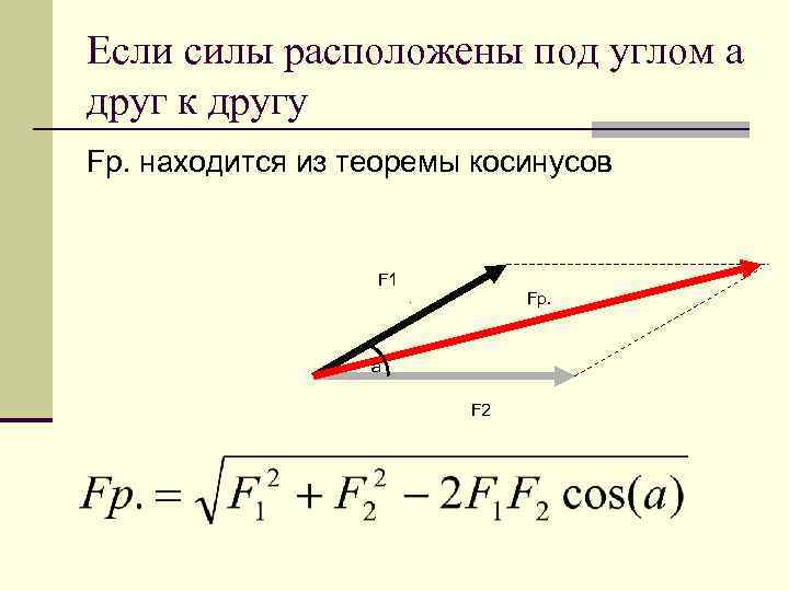 Если силы расположены под углом a друг к другу Fp. находится из теоремы косинусов