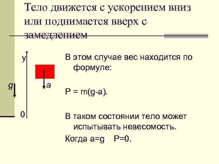 Тело движется с ускорением вниз или поднимается вверх с замедлением В этом случае вес