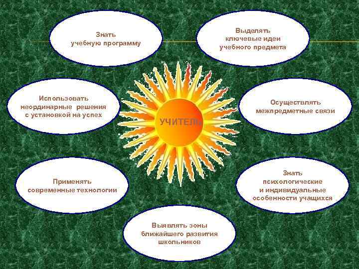 Выделять ключевые идеи учебного предмета Знать учебную программу Использовать неординарные решения с установкой на