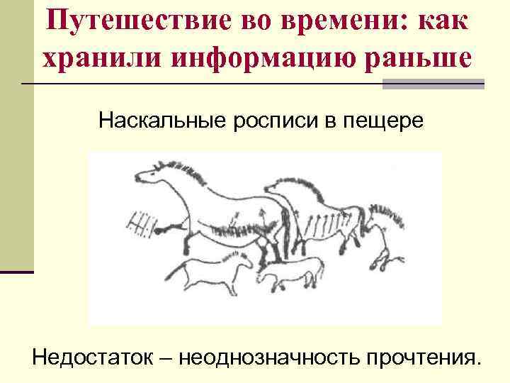 Путешествие во времени: как хранили информацию раньше Наскальные росписи в пещере Недостаток – неоднозначность