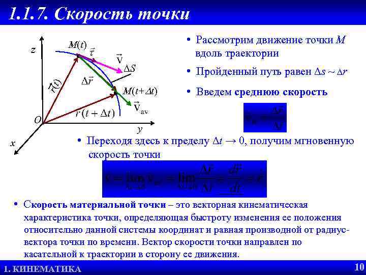 1. 1. 7. Скорость точки • Рассмотрим движение точки М вдоль траектории M(t) z