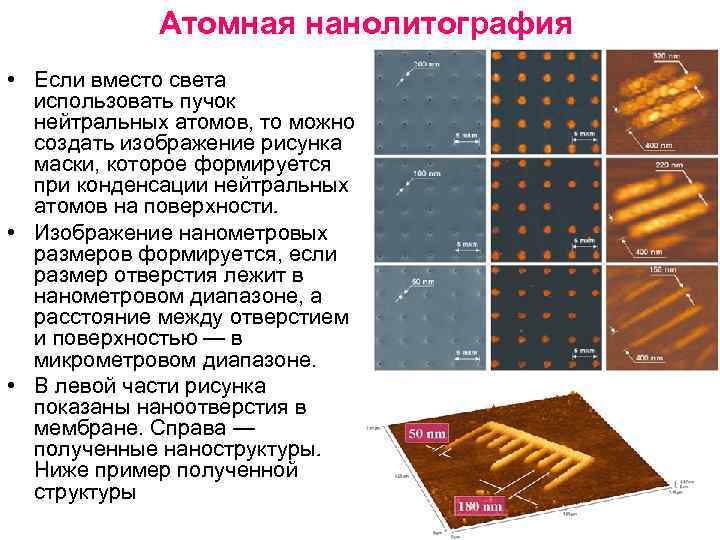 Атомная нанолитография • Если вместо света использовать пучок нейтральных атомов, то можно создать изображение