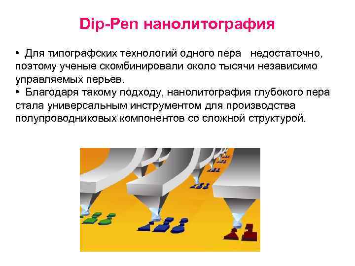 Dip-Pen нанолитография • Для типографских технологий одного пера недостаточно, поэтому ученые скомбинировали около тысячи