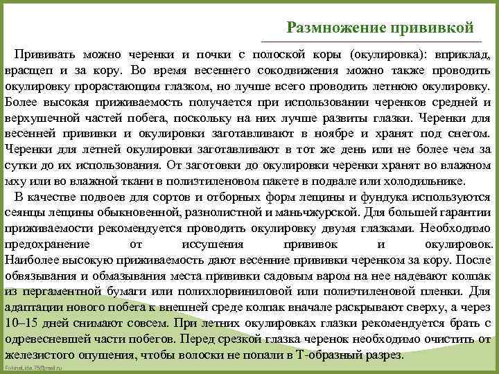 Размножение прививкой Прививать можно черенки и почки с полоской коры (окулировка): вприклад, врасщеп и