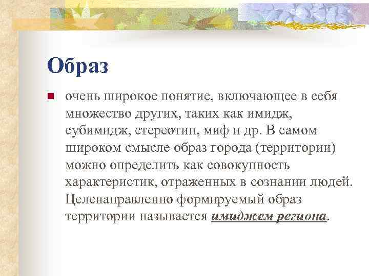 Образ n очень широкое понятие, включающее в себя множество других, таких как имидж, субимидж,