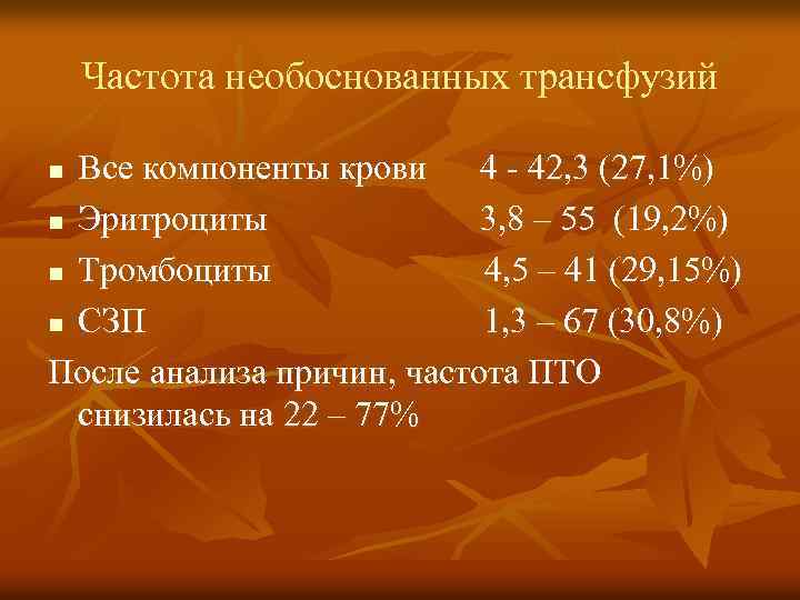 Частота необоснованных трансфузий Все компоненты крови 4 - 42, 3 (27, 1%) n Эритроциты