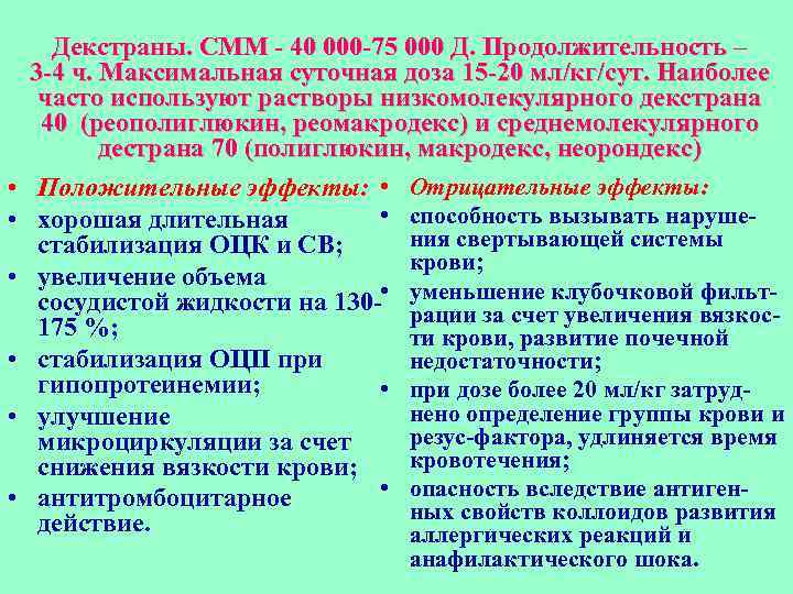  • • • Декстраны. СММ 40 000 75 000 Д. Продолжительность – 3