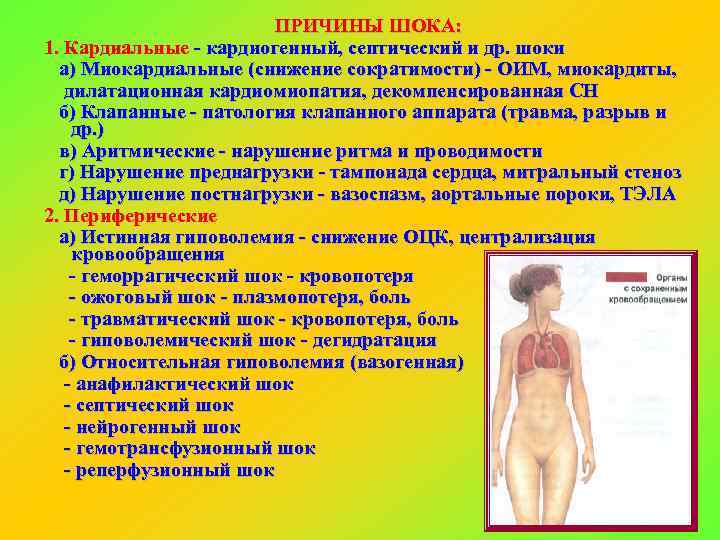 ПРИЧИНЫ ШОКА: 1. Кардиальные кардиогенный, септический и др. шоки а) Миокардиальные (снижение сократимости) ОИМ,