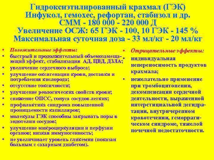 Гидроксиэтилированный крахмал (ГЭК) Инфукол, гемохес, рефортан, стабизол и др. СММ 180 000 220 000