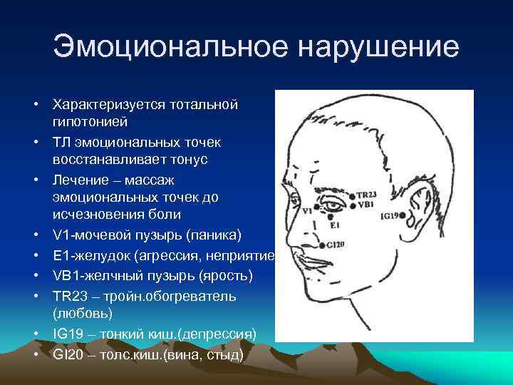 Эмоциональное нарушение • Характеризуется тотальной гипотонией • ТЛ эмоциональных точек восстанавливает тонус • Лечение