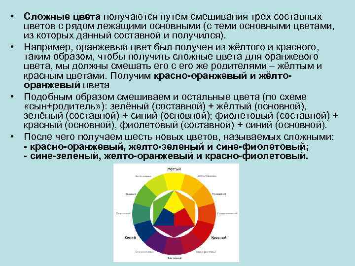  • Сложные цвета получаются путем смешивания трех составных цветов с рядом лежащими основными