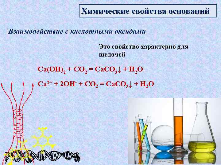 Химические свойства оснований Взаимодействие с кислотными оксидами Это свойство характерно для щелочей Ca(OH)2 +
