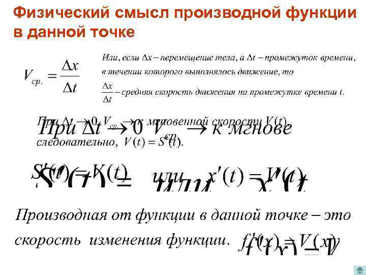 Физический смысл производной функции в данной точке . 