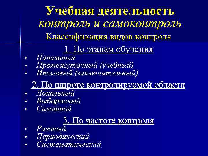 Учебная деятельность контроль и самоконтроль Классификация видов контроля 1. По этапам обучения • •