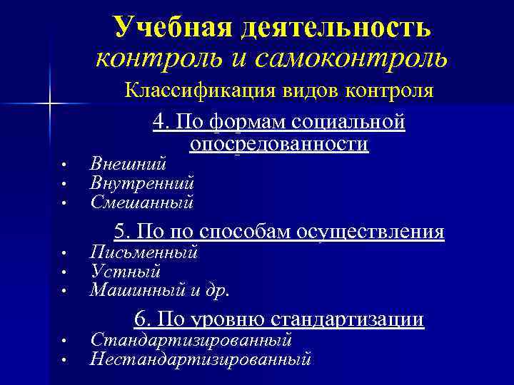 Учебная деятельность контроль и самоконтроль Классификация видов контроля 4. По формам социальной опосредованности •