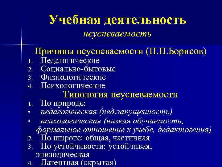 Учебная деятельность неуспеваемость Причины неуспеваемости (П. П. Борисов) 1. 2. 3. 4. 1. •