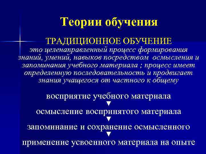 Теории обучения ТРАДИЦИОННОЕ ОБУЧЕНИЕ это целенаправленный процесс формирования знаний, умений, навыков посредством осмысления и
