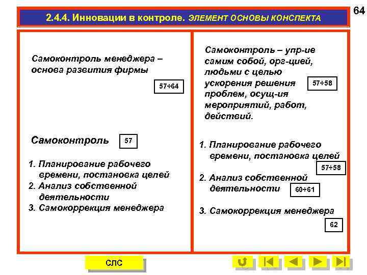 64 2. 4. 4. Инновации в контроле. ЭЛЕМЕНТ ОСНОВЫ КОНСПЕКТА Cамоконтроль менеджера – основа