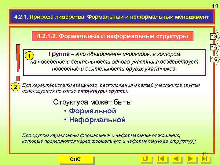 11 4. 2. 1. Природа лидерства. Формальный и неформальный менеджмент 4. 2. 1. 2.