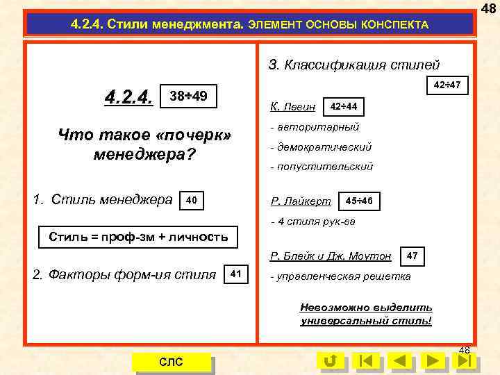 48 4. 2. 4. Стили менеджмента. ЭЛЕМЕНТ ОСНОВЫ КОНСПЕКТА З. Классификация стилей 4. 2.