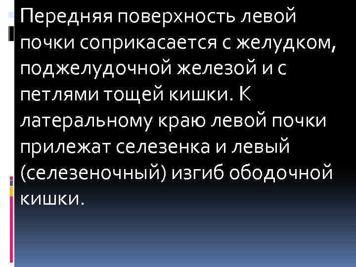  Передняя поверхность левой почки соприкасается с желудком, поджелудочной железой и с петлями тощей