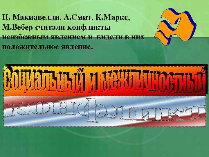 Н. Макиавелли, А. Смит, К. Маркс, М. Вебер считали конфликты неизбежным явлением и видели