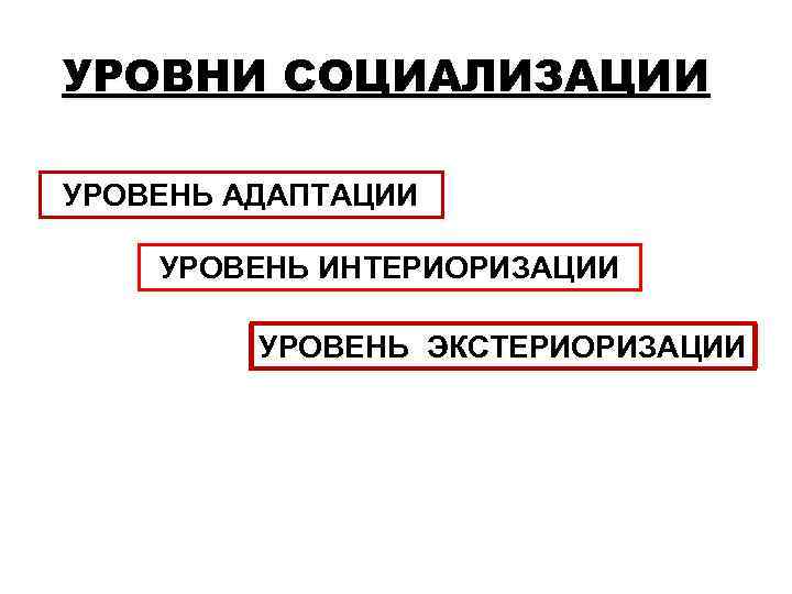 УРОВНИ СОЦИАЛИЗАЦИИ УРОВЕНЬ АДАПТАЦИИ УРОВЕНЬ ИНТЕРИОРИЗАЦИИ УРОВЕНЬ ЭКСТЕРИОРИЗАЦИИ 