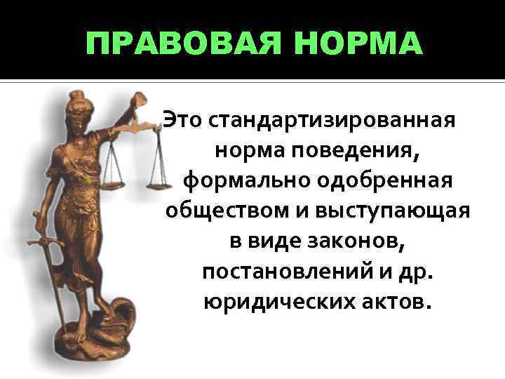 ПРАВОВАЯ НОРМА Это стандартизированная норма поведения, формально одобренная обществом и выступающая в виде законов,