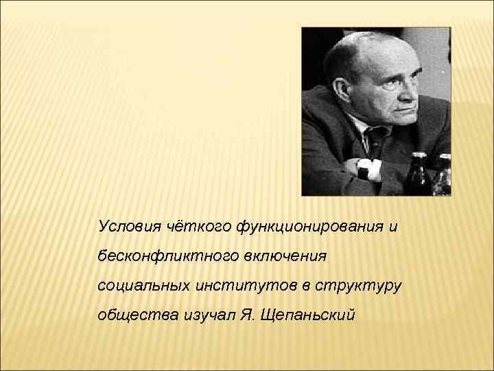 Условия чёткого функционирования и бесконфликтного включения социальных институтов в структуру общества изучал Я. Щепаньский