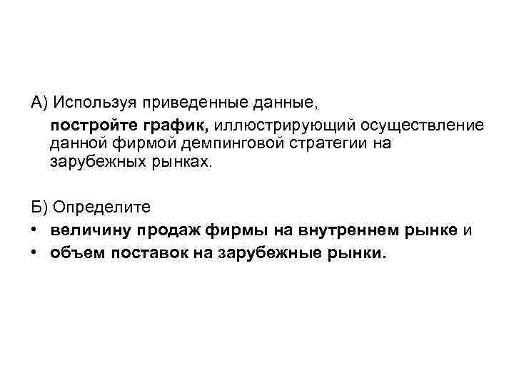 А) Используя приведенные данные, постройте график, иллюстрирующий осуществление данной фирмой демпинговой стратегии на зарубежных