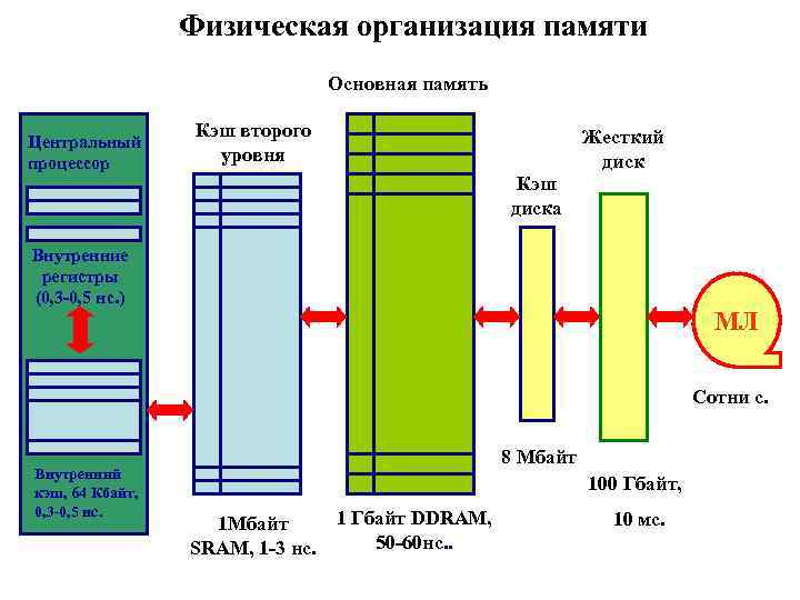 Физическая организация памяти Основная память Центральный процессор Кэш второго уровня Жесткий диск Кэш диска