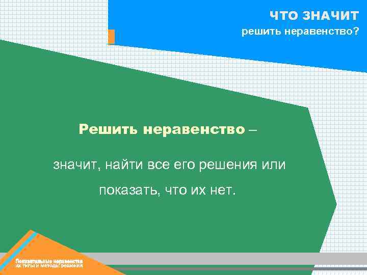 ЧТО ЗНАЧИТ решить неравенство? Решить неравенство – значит, найти все его решения или показать,