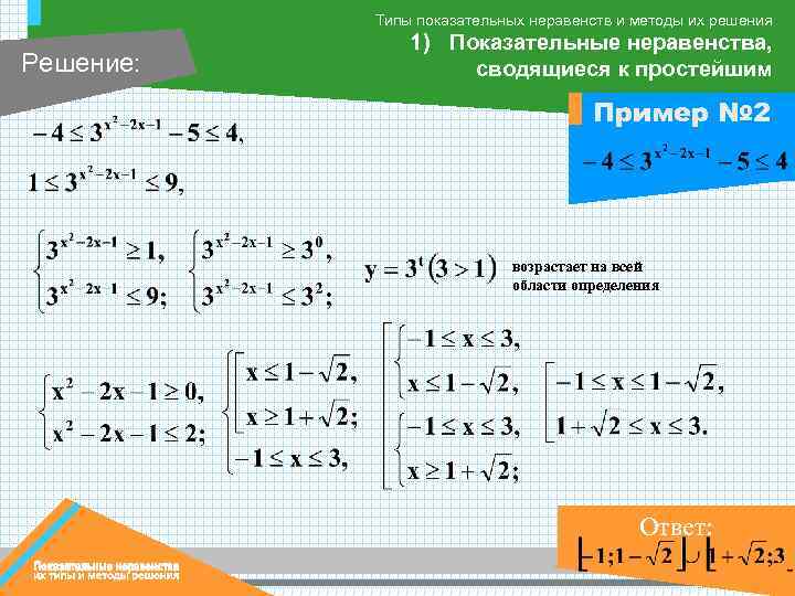 Типы показательных неравенств и методы их решения Решение: 1) Показательные неравенства, сводящиеся к простейшим