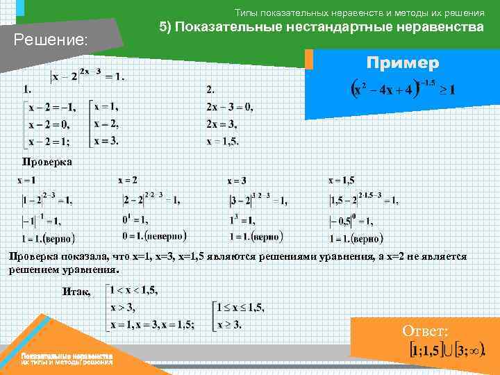 Типы показательных неравенств и методы их решения Решение: 5) Показательные нестандартные неравенства Пример Проверка