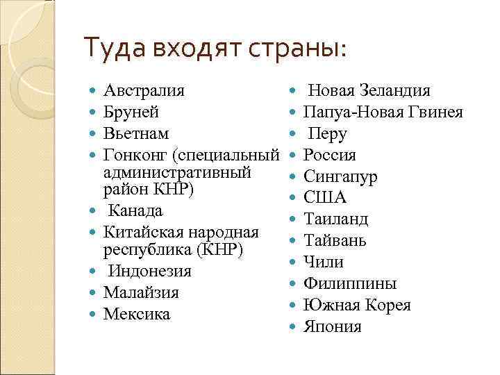 Туда входят страны: Австралия Бруней Вьетнам Гонконг (специальный административный район КНР) Канада Китайская народная