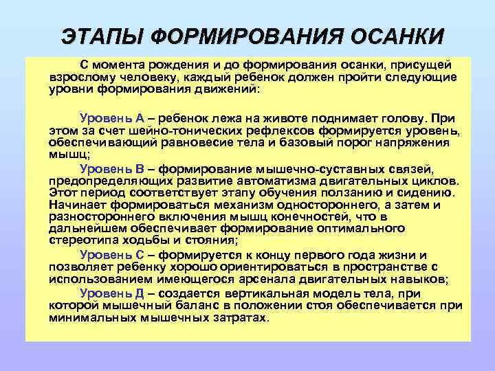 ЭТАПЫ ФОРМИРОВАНИЯ ОСАНКИ С момента рождения и до формирования осанки, присущей взрослому человеку, каждый