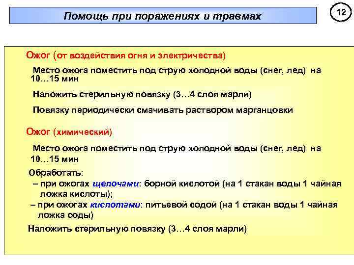 Помощь при поражениях и травмах 12 Ожог (от воздействия огня и электричества) Место ожога