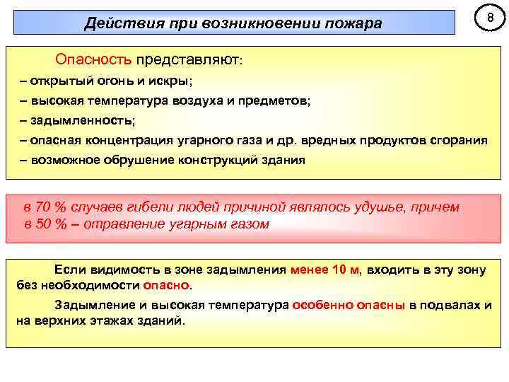 Действия при возникновении пожара 8 Опасность представляют: – открытый огонь и искры; – высокая