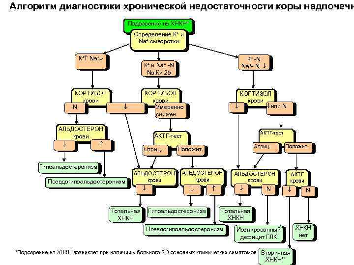 Алгоритм диагностики хронической недостаточности коры надпочечн Подозрение на ХНКН* Определение К+ и Na+ сыворотки