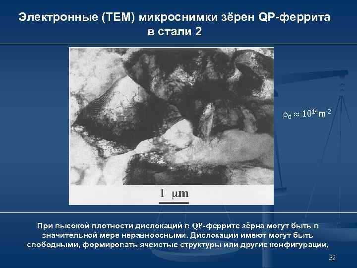 Электронные (TEM) микроснимки зёрен QP-феррита в стали 2 d 1014 m-2 При высокой плотности
