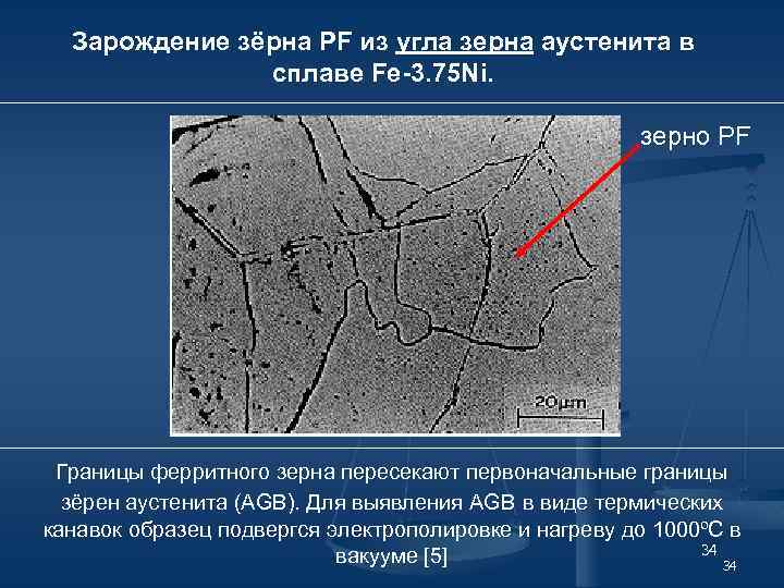Зарождение зёрна PF из угла зерна аустенита в сплаве Fe-3. 75 Ni. зерно PF