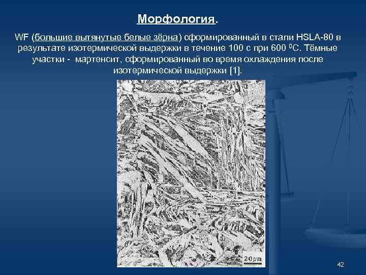 Морфология. WF (большие вытянутые белые зёрна) сформированный в стали HSLA-80 в результате изотермической выдержки