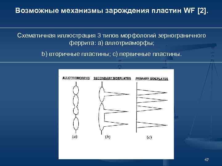 Возможные механизмы зарождения пластин WF [2]. Схематичная иллюстрация 3 типов морфологий зернограничного феррита: a)