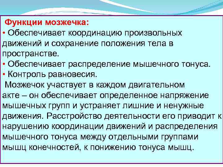 Функции мозжечка: • Обеспечивает координацию произвольных движений и сохранение положения тела в пространстве. •